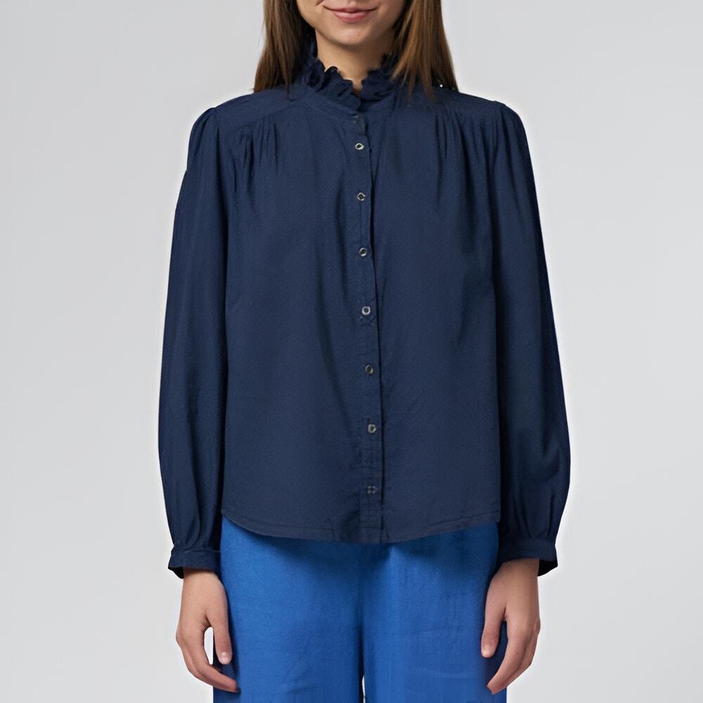 Xirena Fable Shirt Ruffled Long Sleeve Button Up Navy Blue Size Small